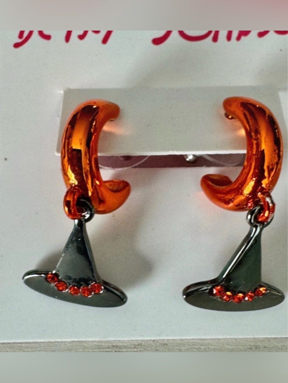 BETSEY JOHNSON Halloween Crystal Stud Witch Hat Orange Huggy Hoop Earrings NWT